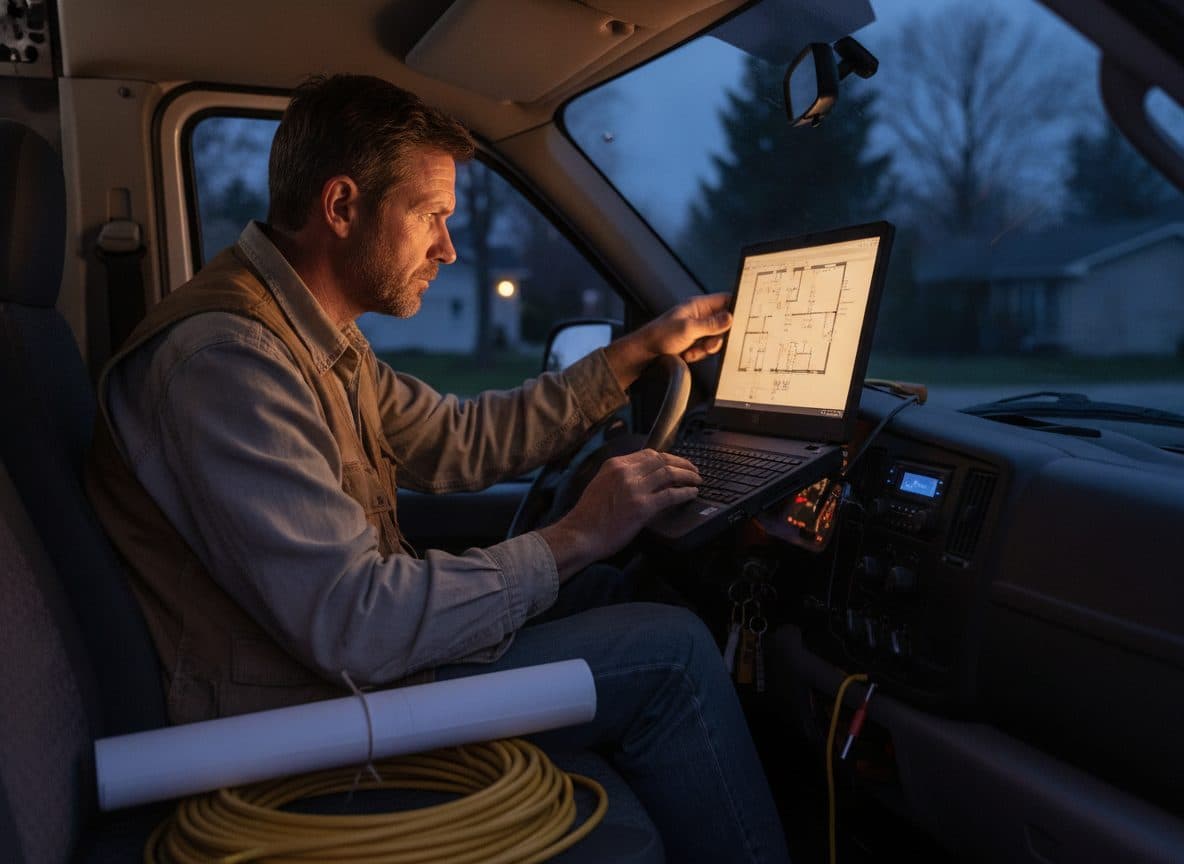 An electrician in his work van at dusk, reviewing a floor plan on a laptop
